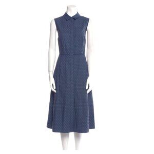 LAFAYETTE 148 Blue Polka Dot Print Cotton Midi Sleeveless Shirt Dress